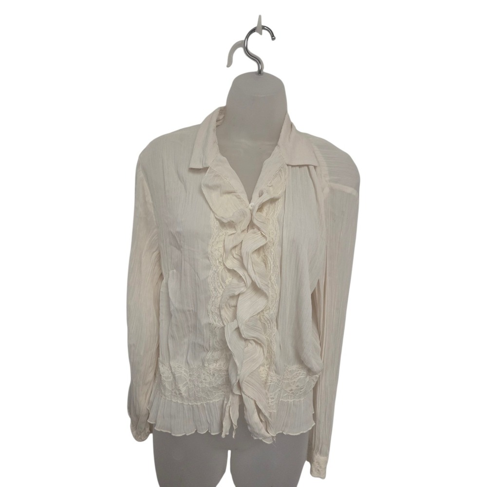 Coldwater Creek Cream Ivory Ruffle Lace Crinkle Blouse Long Sleeve PM Victorian